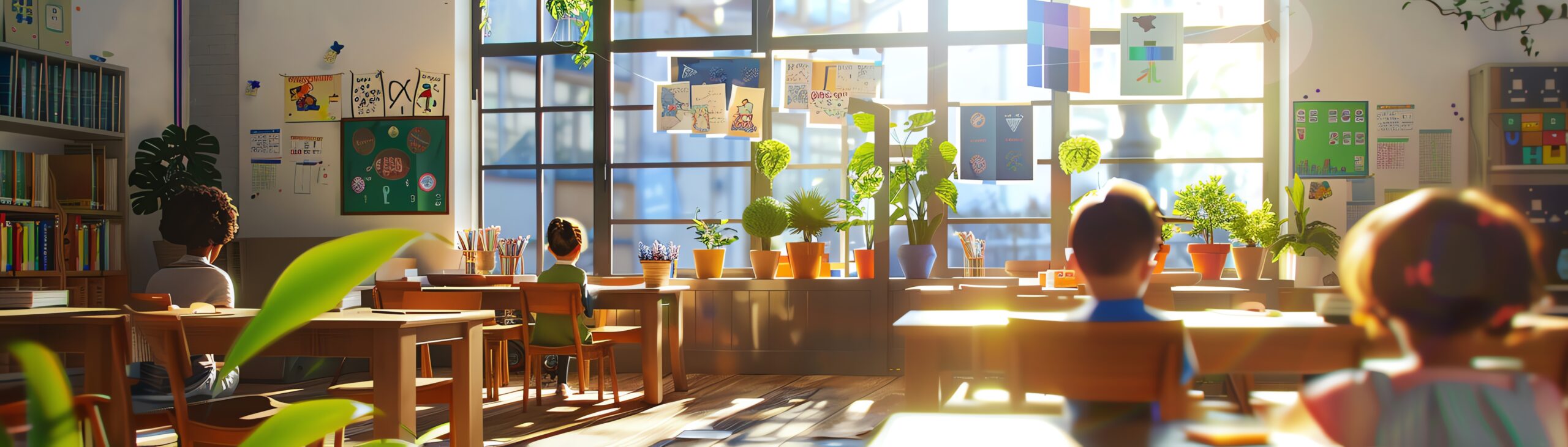 Children sitting at desks in a classroom, sunlight streaming through window.